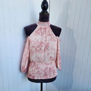 Express Womens Pink Floral Cold Shoulder Blouse Top Long Sleeve Smocked Sz XXS